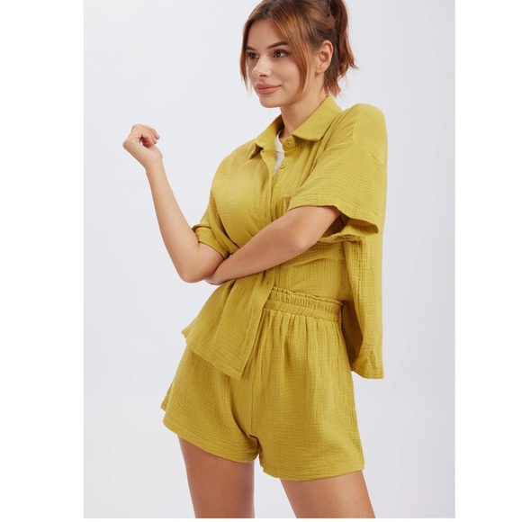 Blublush Pants - Women's Cotton Mustard Shorts two piece set